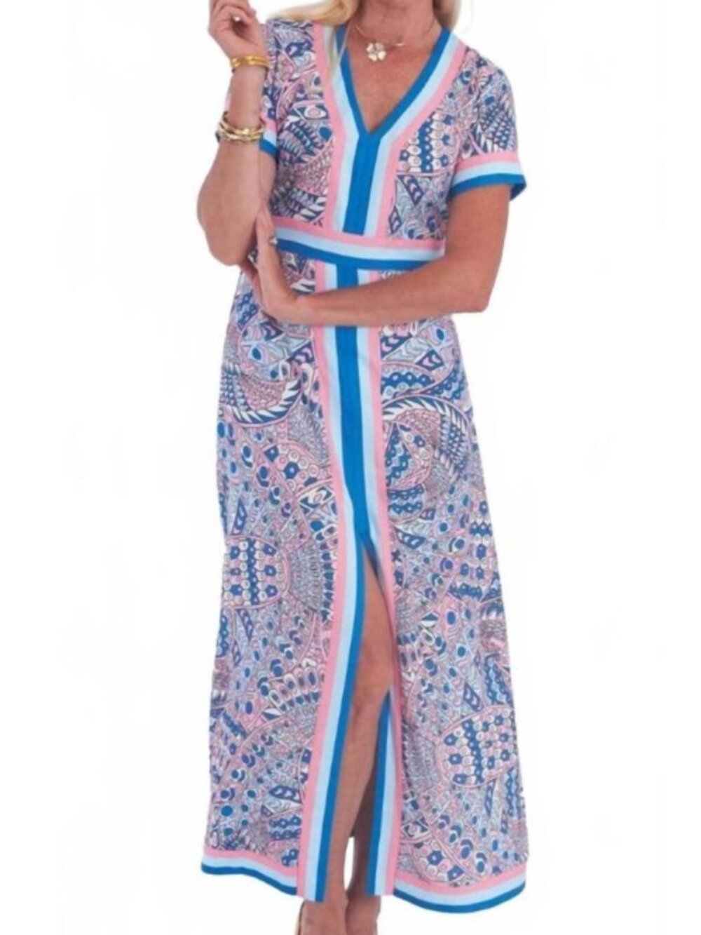 Ck Bradley Brand Women's Small Leland Maxi Dress Pink & Blue Front Slit